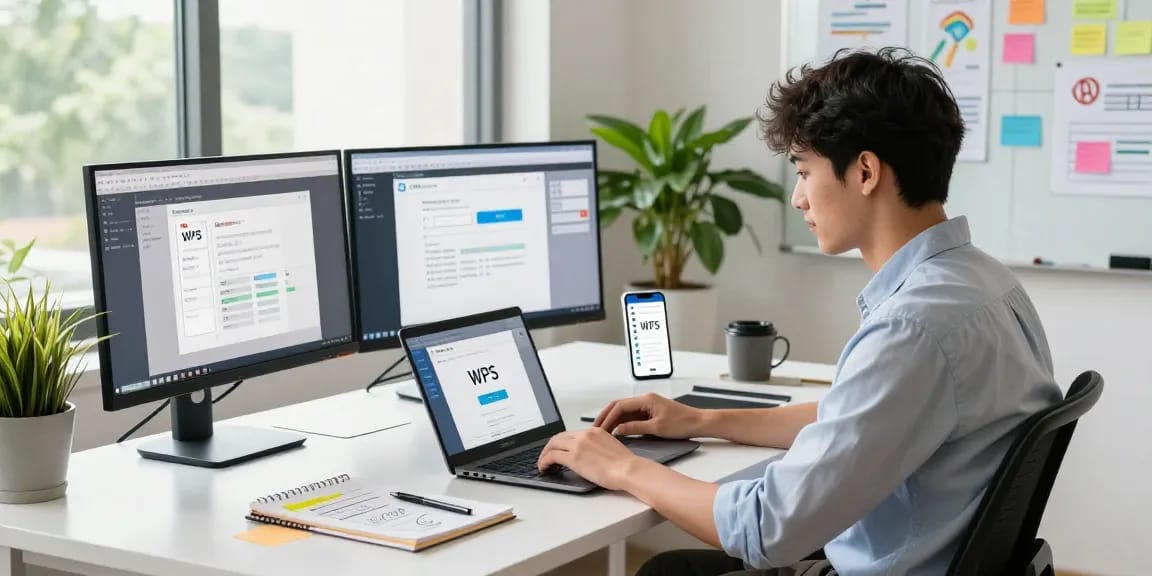 Dynamic workspace scene with WPS Download in action on a laptop, showcasing productivity tools.