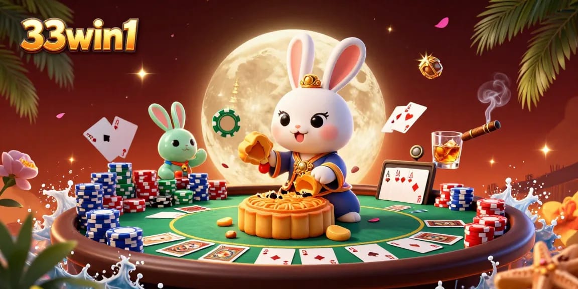 33win1 showcases a vibrant scene of a moon rabbit revealing poker chips from mooncakes.