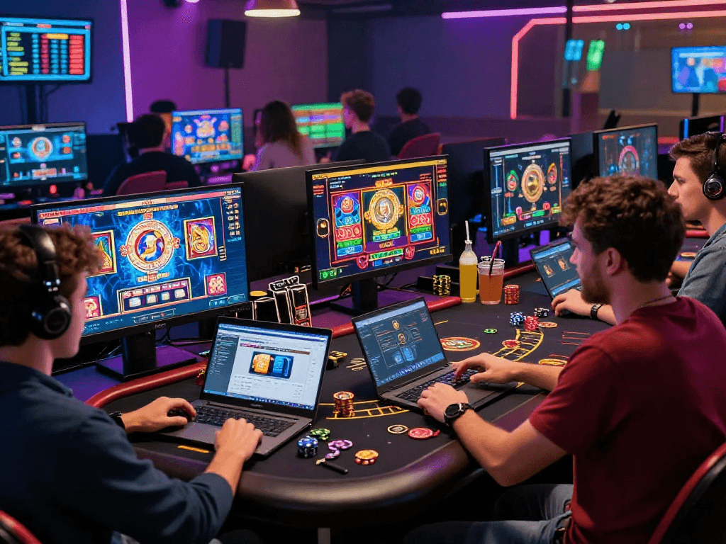 Dynamic crypto casino gaming scene with players engaged in vibrant digital slots and table games.
