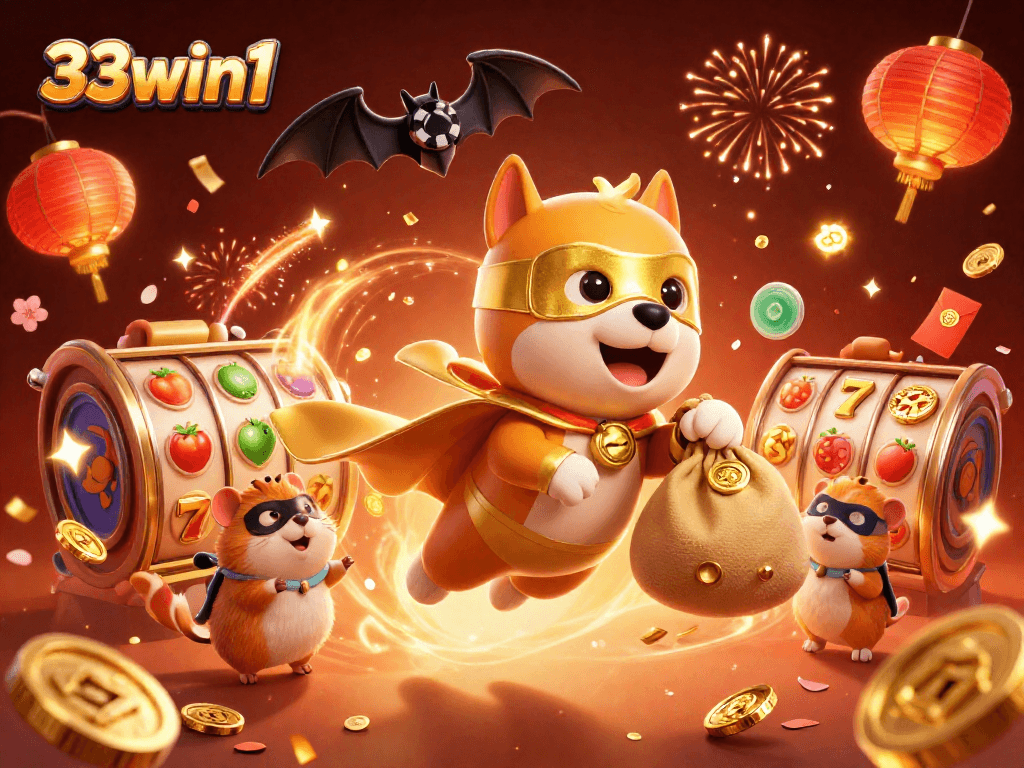 33win1 showcases a flying superhero dog and sidekick surrounded by vibrant casino elements.
