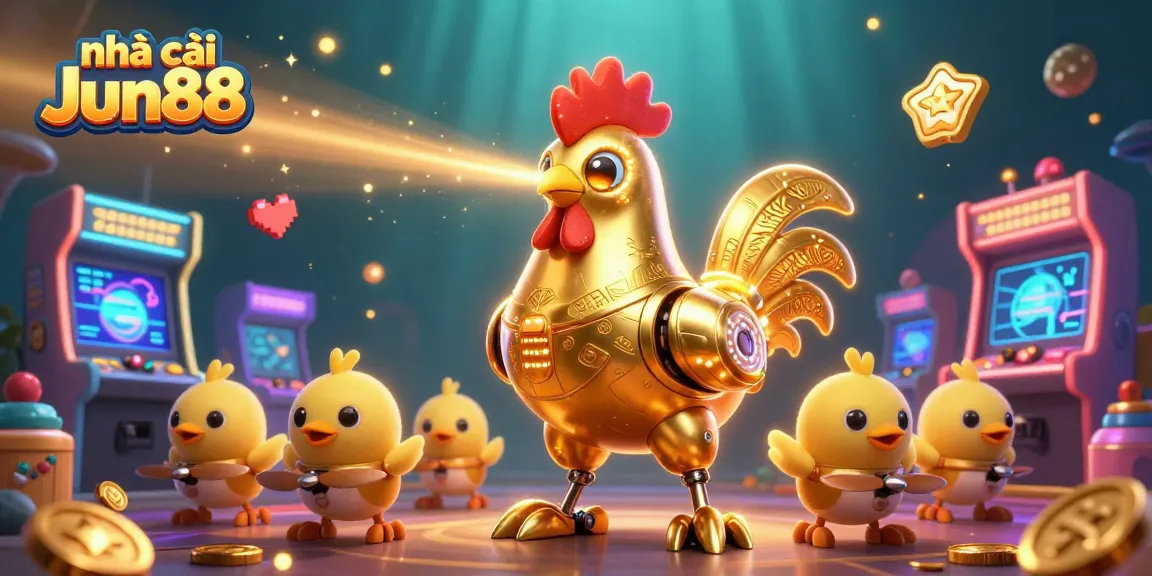 Engage with nhà cái Jun88 in a vibrant 3D casino illustration featuring a golden rooster robot and arcade elements.