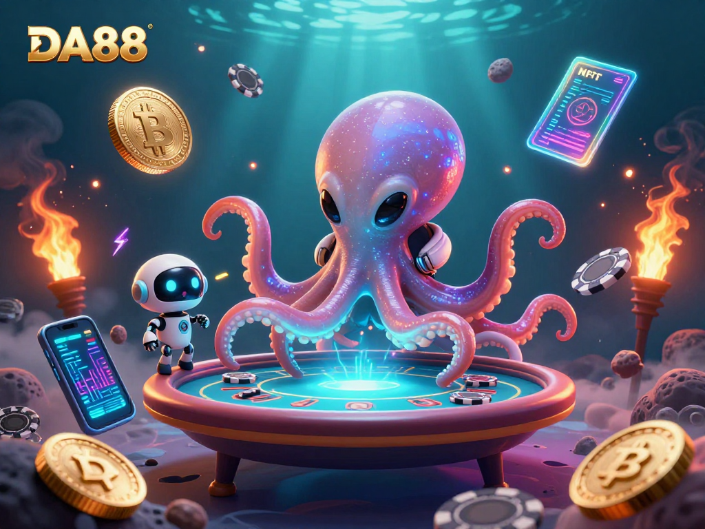 Engage in thrilling casino action with DA88 through vibrant alien poker illustration.