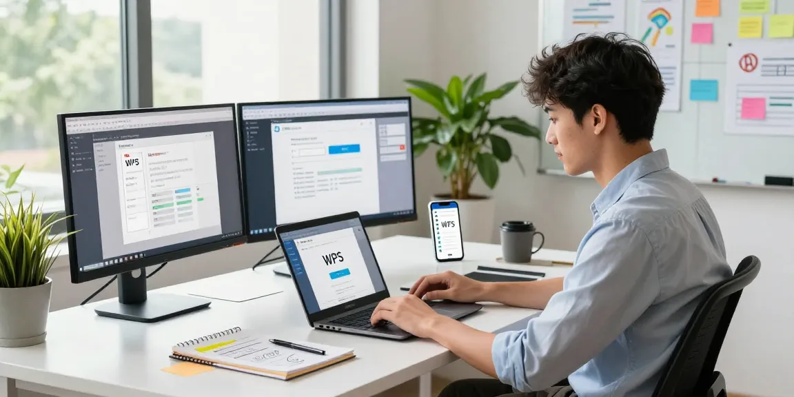 Dynamic workspace scene with WPS Download in action on a laptop, showcasing productivity tools.