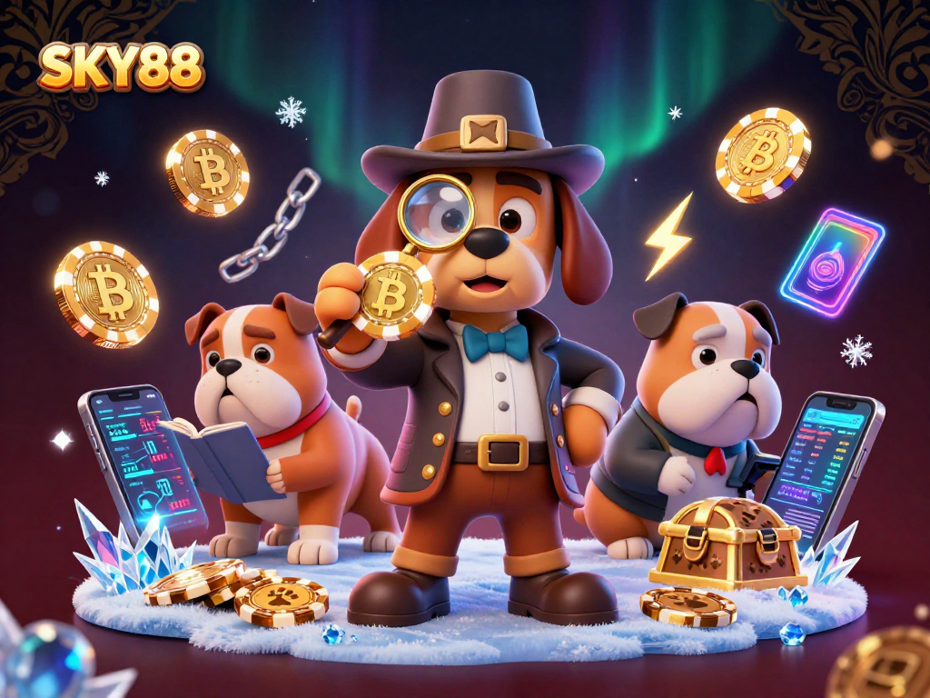 Engage with SKY88 treasures as the detective duo uncovers golden poker chip clues in a vibrant casino.
