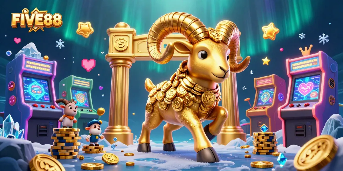 Experience winning at FIVE88 with a lively 3D casino illustration featuring vibrant game machines and a golden ram.