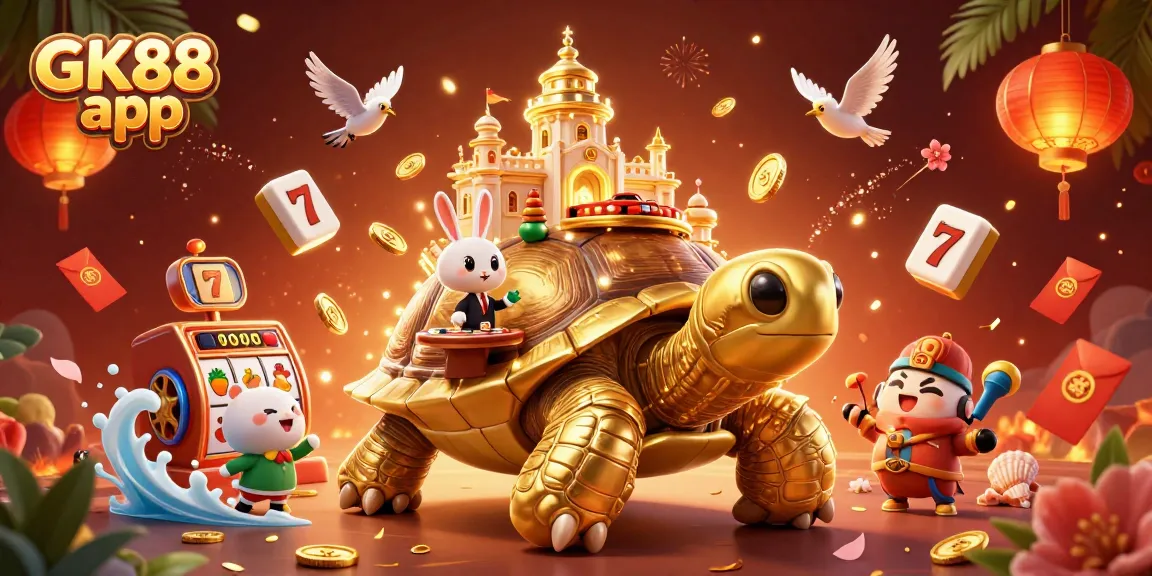 Spin the reels and win big with GK88 app, featuring a vibrant 3D casino scene.