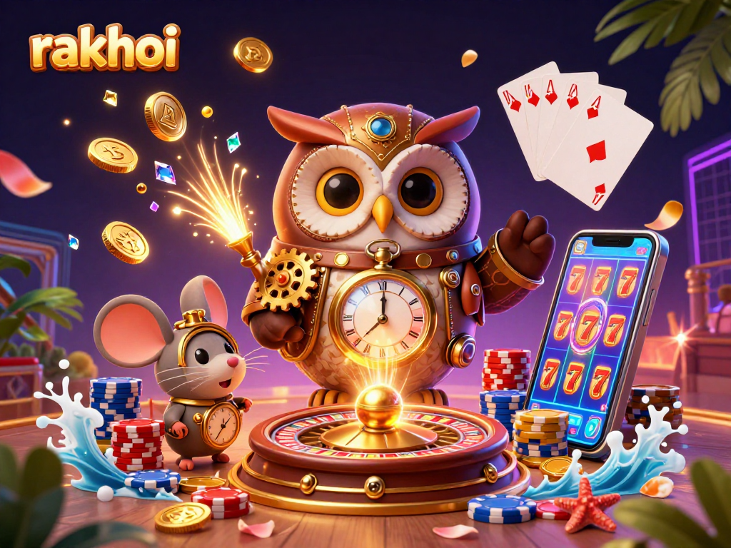 Experience the thrilling vibes of rakhoi as a time-traveling owl and mouse explore an animated casino scene.