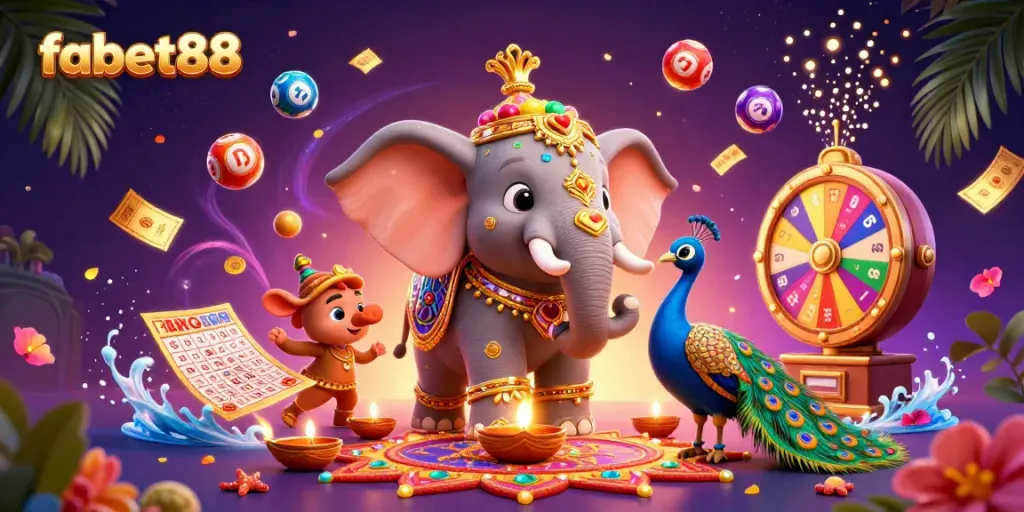 Join fabet88 for vibrant gaming action with colorful lottery elements and festive characters.