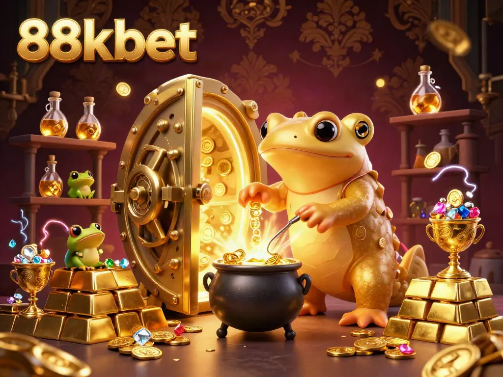 Engage in thrilling gameplay at 88kbet with golden treasures and dynamic characters in this vibrant illustration.
