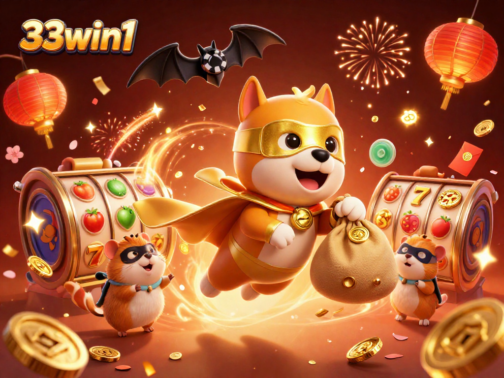 33win1 showcases a flying superhero dog and sidekick surrounded by vibrant casino elements.