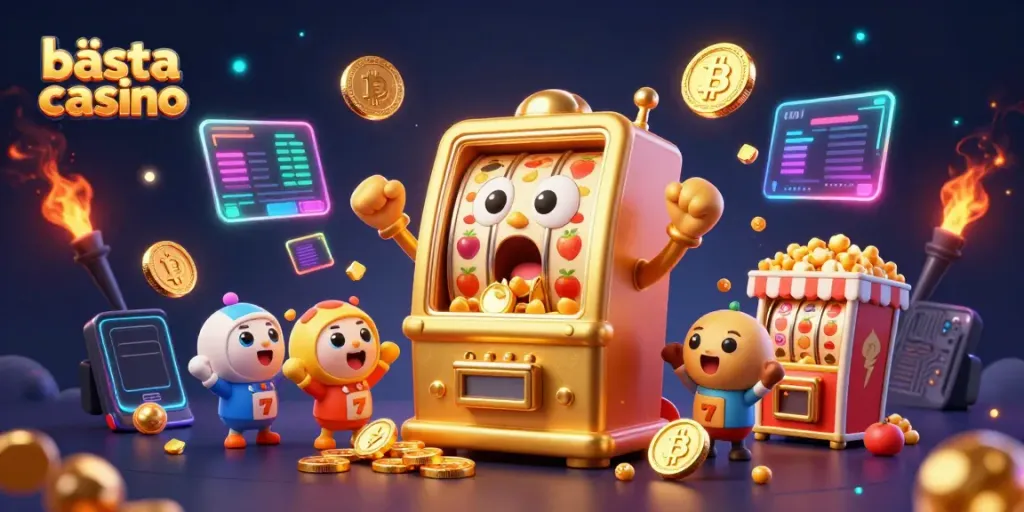 Bästa casino: Spännande illustration av en jackpotmaskin som vinner, omgiven av bitcoin och slotteman.