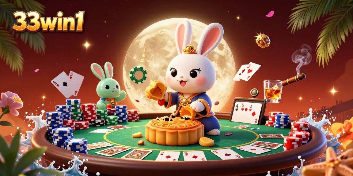 33win1 showcases a vibrant scene of a moon rabbit revealing poker chips from mooncakes.