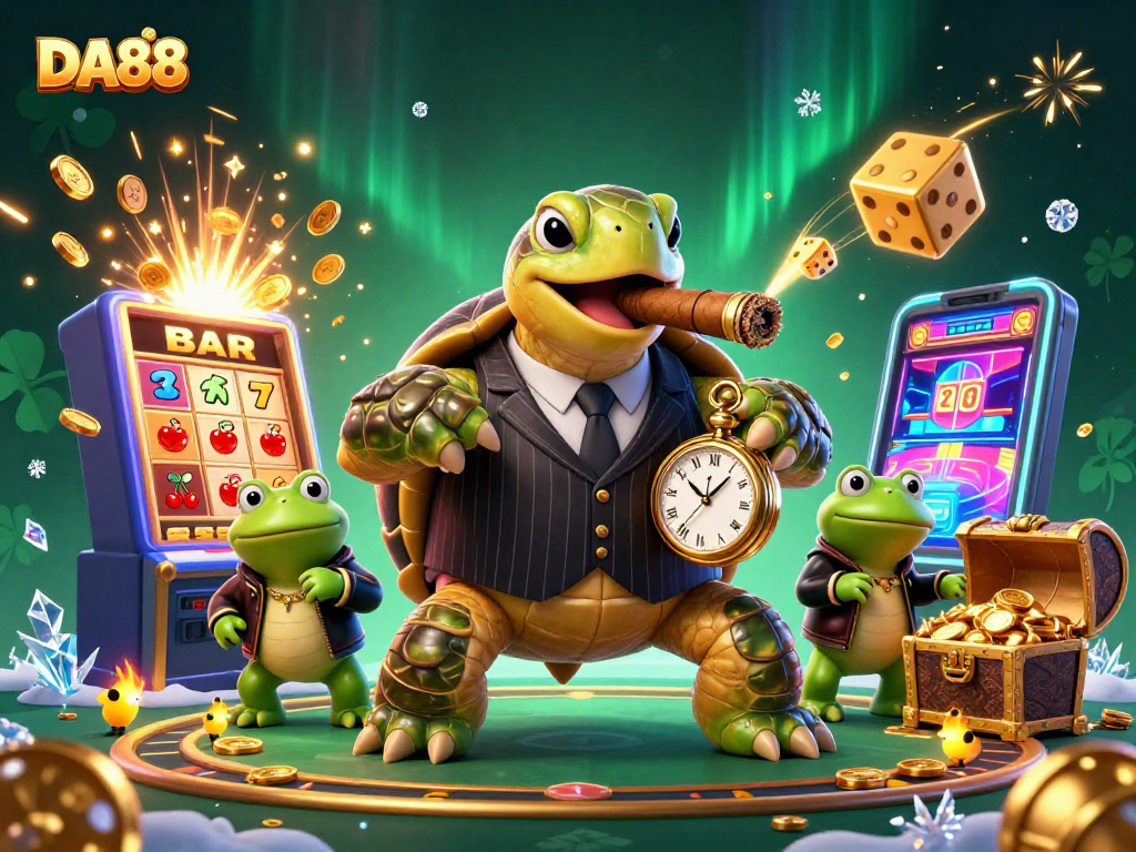 Engage with DA88's vibrant casino scene featuring a mobster turtle and dynamic slot machine action.