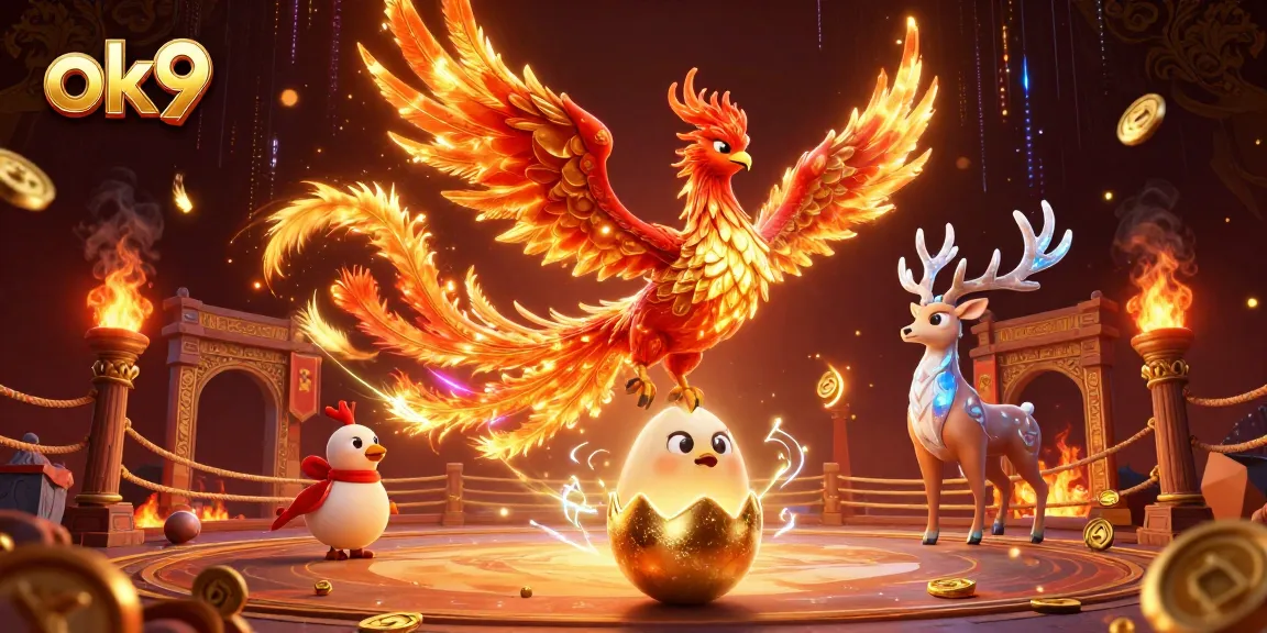 Engage in high-stakes betting action at ok9, featuring vibrant phoenixes and rich casino elements.