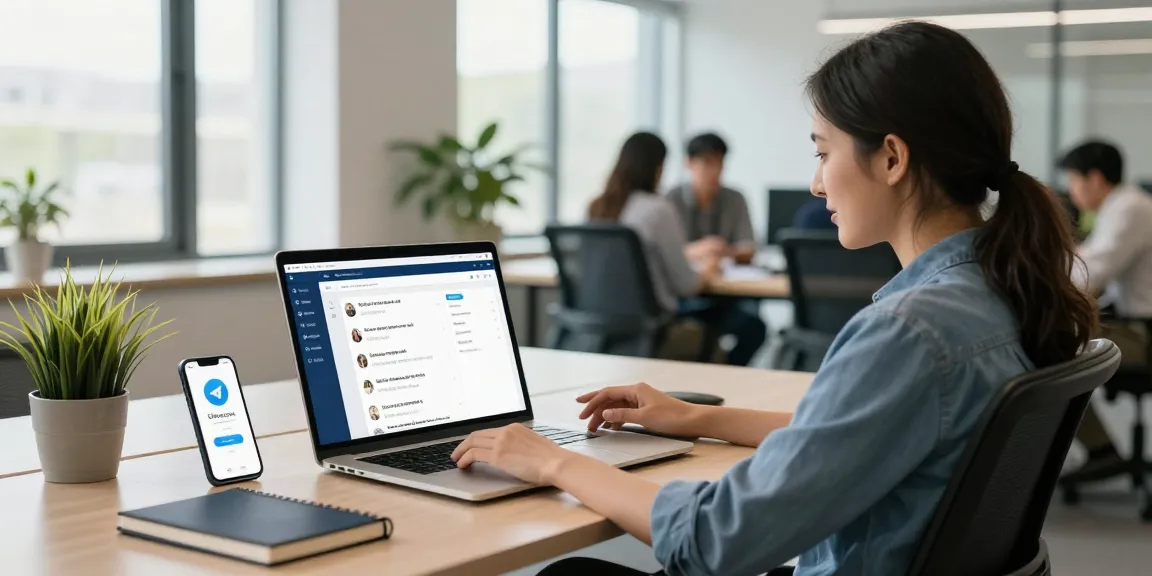 Using the Telegram web version in a modern office workspace, showcasing productivity and collaboration.