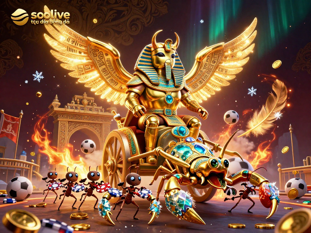 Engage with socolive trực tiếp bóng đá featuring a dynamic scene of a golden scarab beetle, scorpions, and poker chips in a rich sports betting arena.