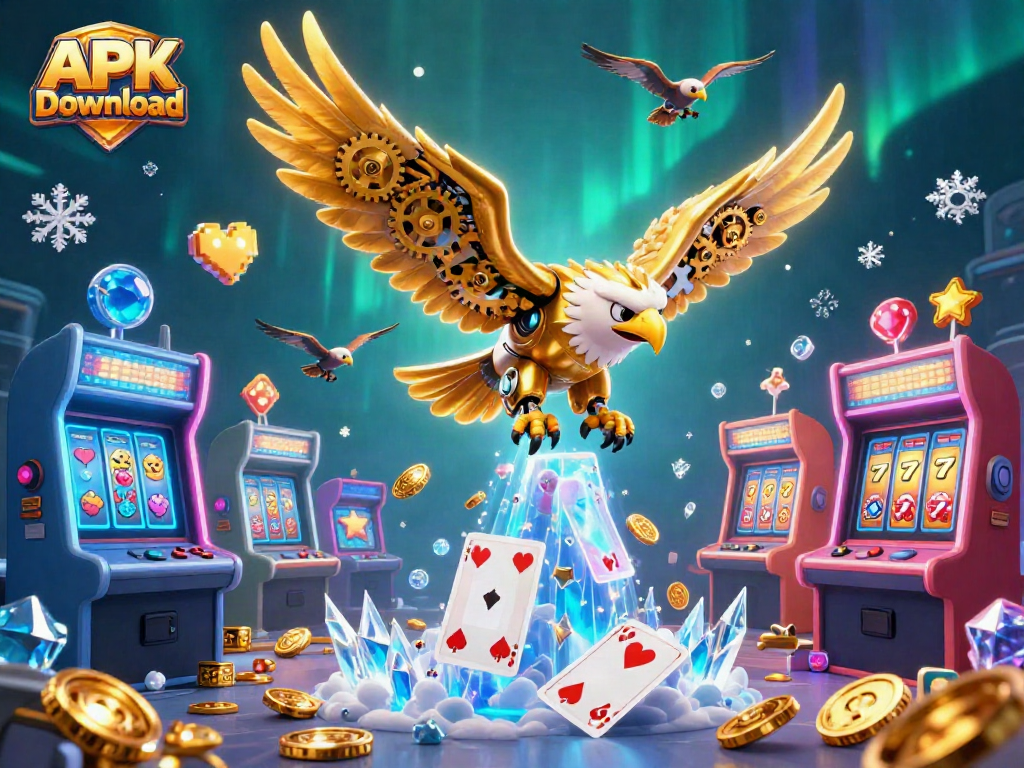 Experience thrilling gameplay with the APK Slot Download featuring a cybernetic eagle and vibrant casino elements.