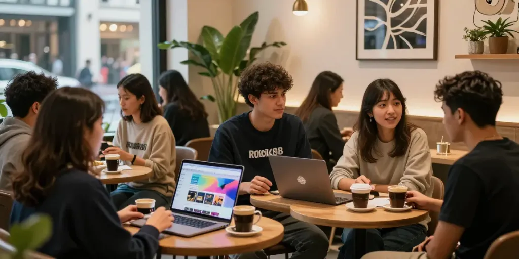 Dynamic urban café scene featuring rokok88-branded merchandise and lively discussions.