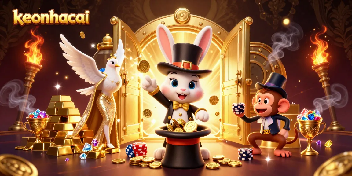 Experience the magic of keonhacai with a dazzling spectacle of a magician rabbit, sparkling treasures, and poker chips flying.
