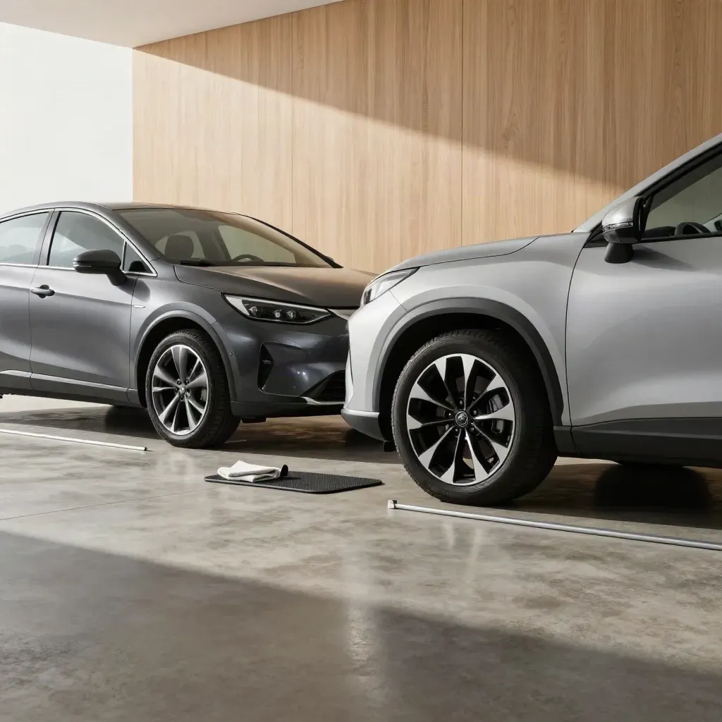 Två bilar sida vid sida för inbyte i ljust garage, hjulen linjerade och dörrar på glänt.