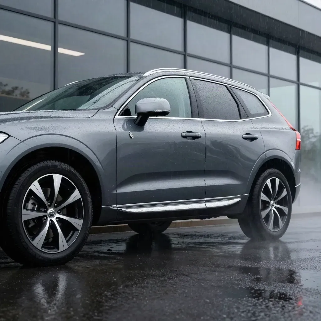 Mörk Volvo XC60 vid glasad hall i regn, med lugn yta till höger för rubrik.