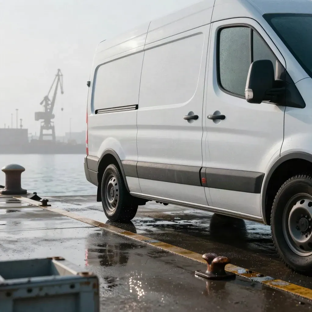 Vit arbetsbil vid kajkant i dimmig morgon med spända transportband.