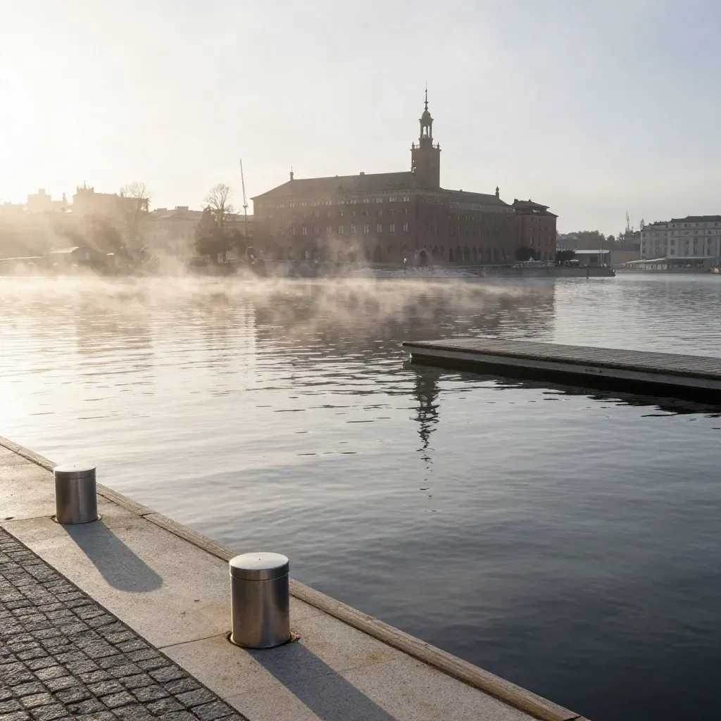 Stockholms stadshus högt över dimmig kaj och stilla vatten i morgonljus.
