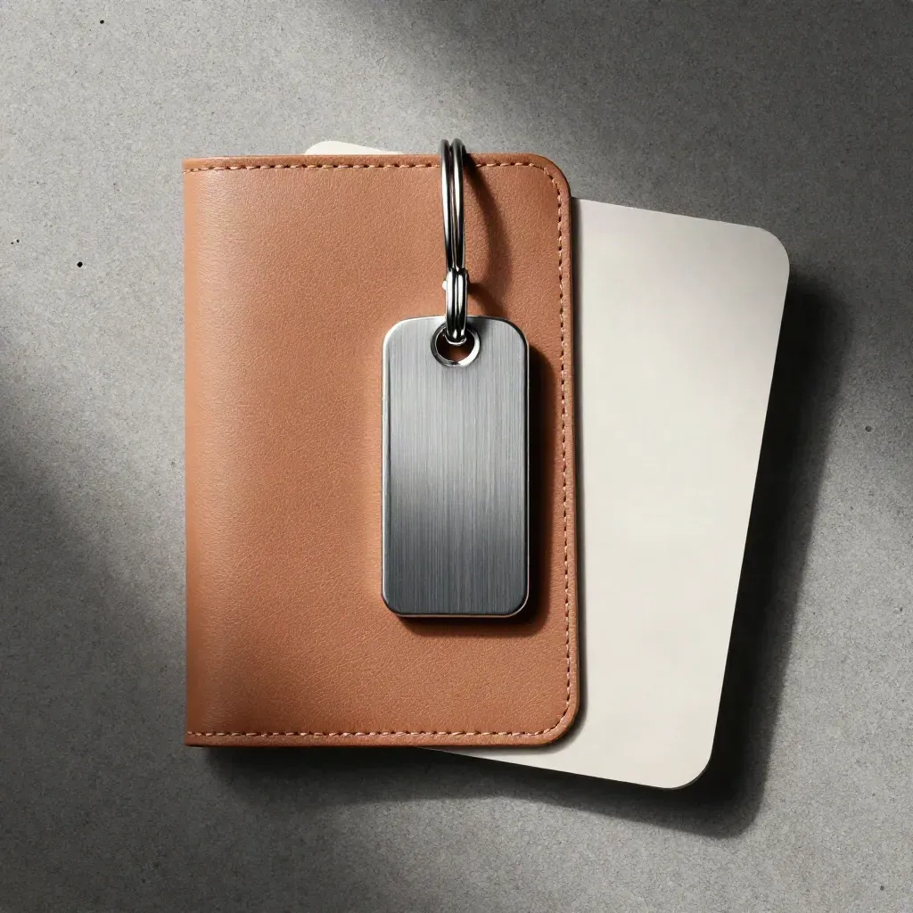 Blank nyckelbricka, läderunderlägg och off-white mapp på ljus betong