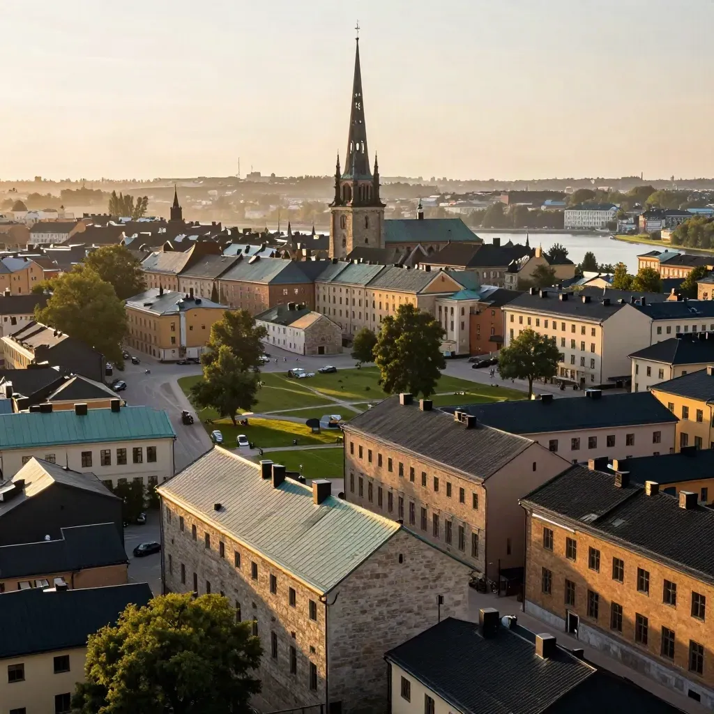 Uppsala domkyrka i gyllene kvällsljus över stilla tak och låg stadshorisont