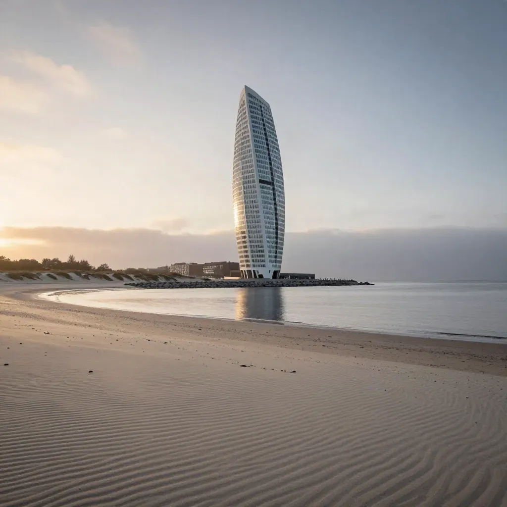 Turning Torso över Öresund i varm kvällsdimma med ljus sandförgrund och lugn yta för copy.
