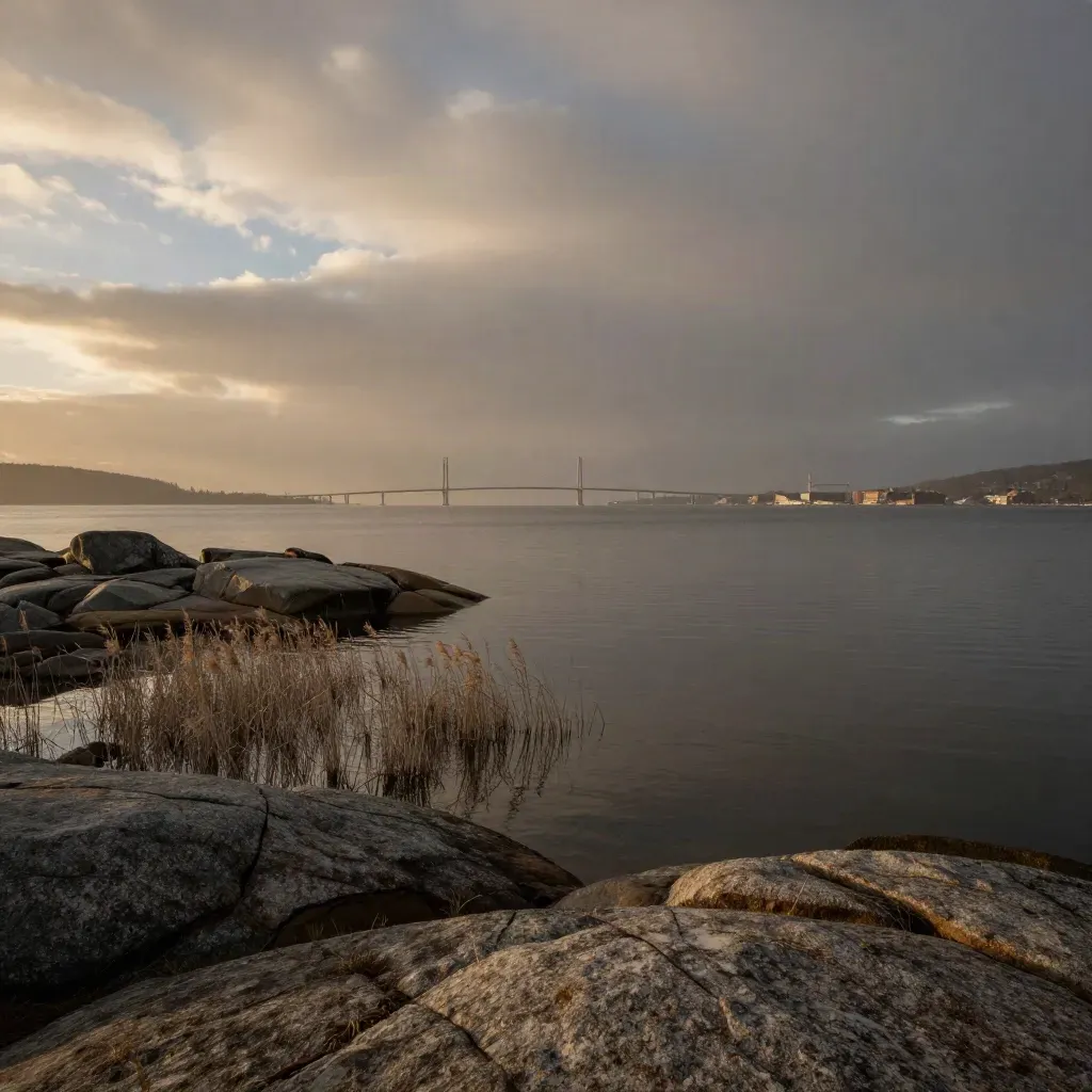 Göteborgs kustband i dimma med brolinjer och stilla skärgårdsvatten, låg plats för rubrik