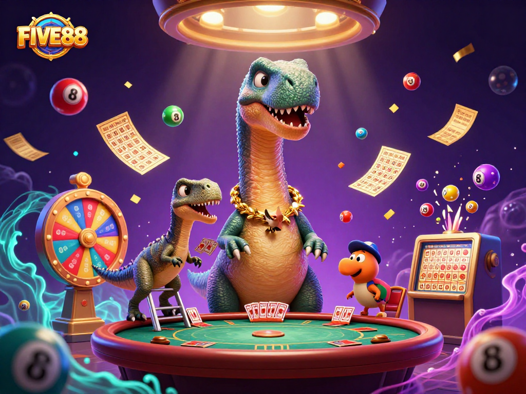Experience thrilling FIVE88 action with a brontosaurus towering over a poker game, colorful lottery elements exploding.