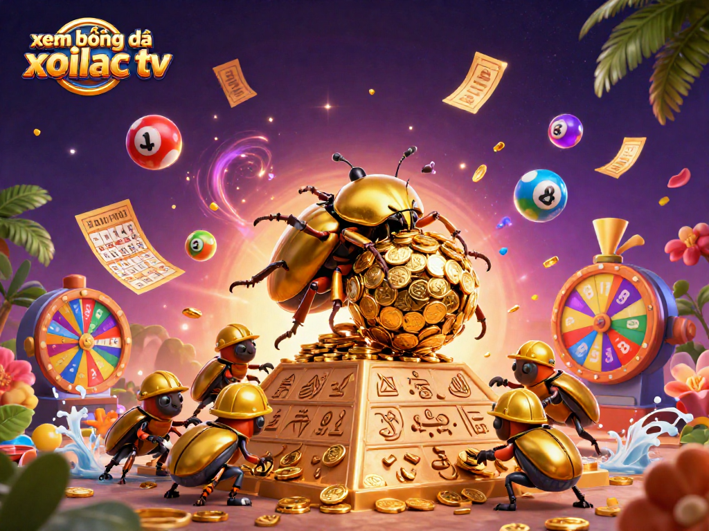 Xem bóng đá xoilac tv showcases a golden beetle rolling coins, dynamic lottery elements, and vibrant casino imagery.