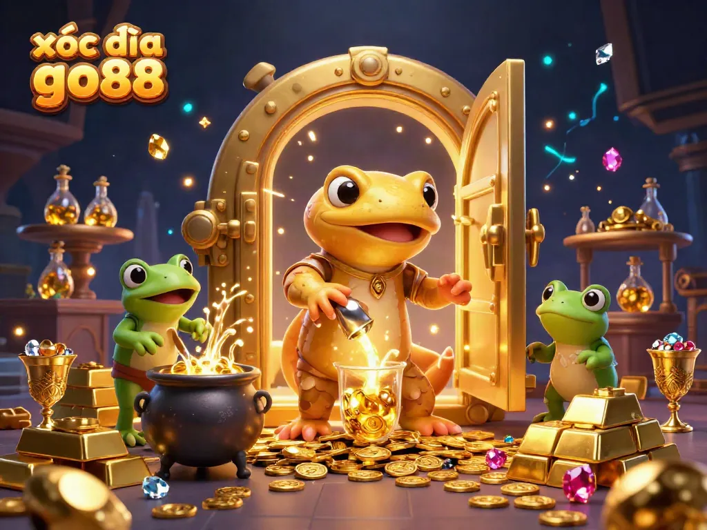 xóc đĩa go88 players enjoy wins surrounded by gold coins and treasures in a vibrant, dynamic scene.