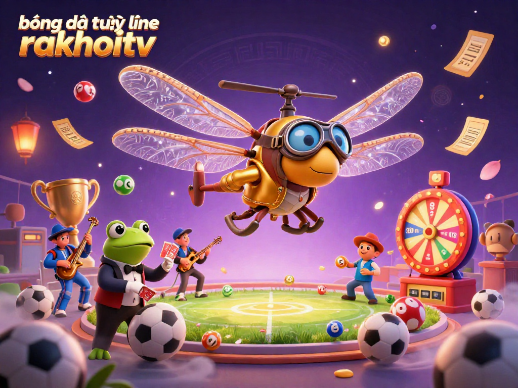 Bettors enjoy bóng đá trực tuyến rakhoitv with a dragonfly pilot and frog dealer amidst vibrant games.