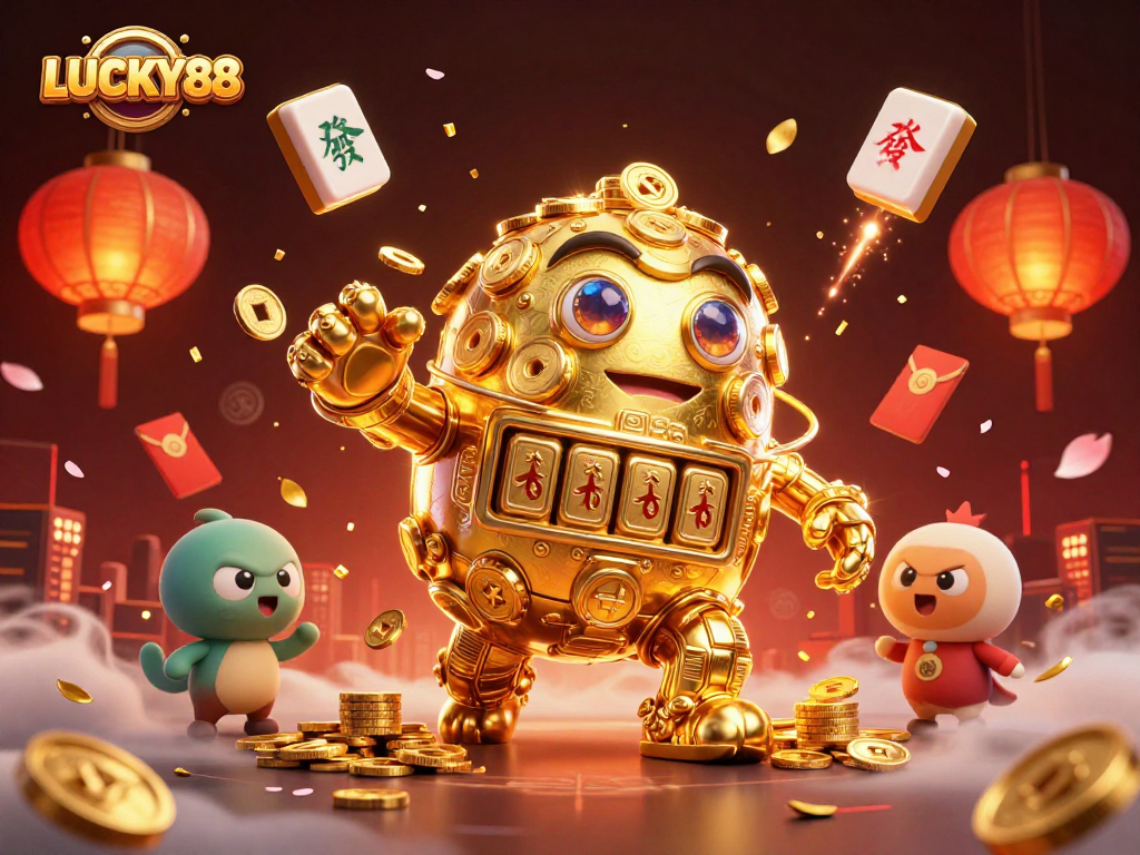Experience the excitement of LUCKY88 with a dynamic 3D illustration featuring a golden golem and vibrant casino elements.