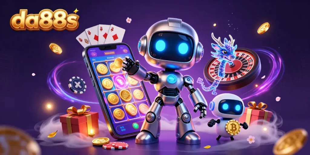 Engage with da88s' dynamic gaming scene featuring a neon robot, AI dragon, and drone amid casino games.