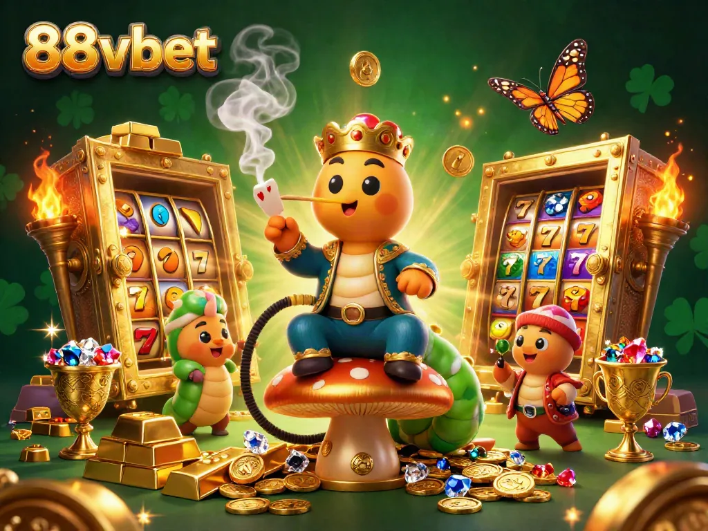 Engage in exciting gameplay at 88vbet with 3D illustration of a caterpillar hookah-master and vibrant casino symbols.