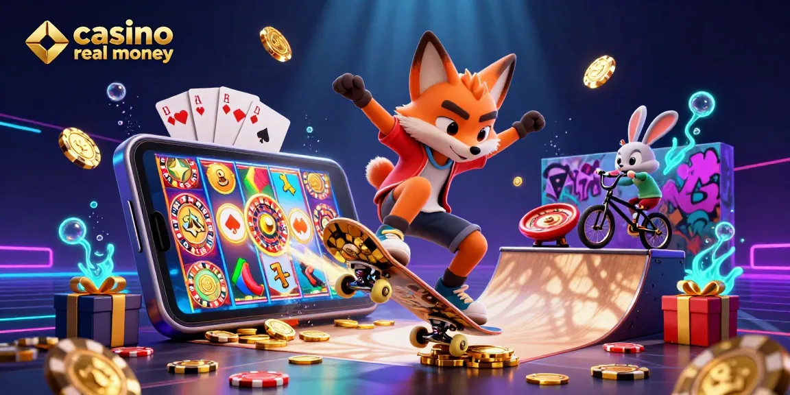 A dynamic scene showcasing a skateboarder fox and BMX-riding rabbit amidst casino elements, reflecting casino real money excitement.