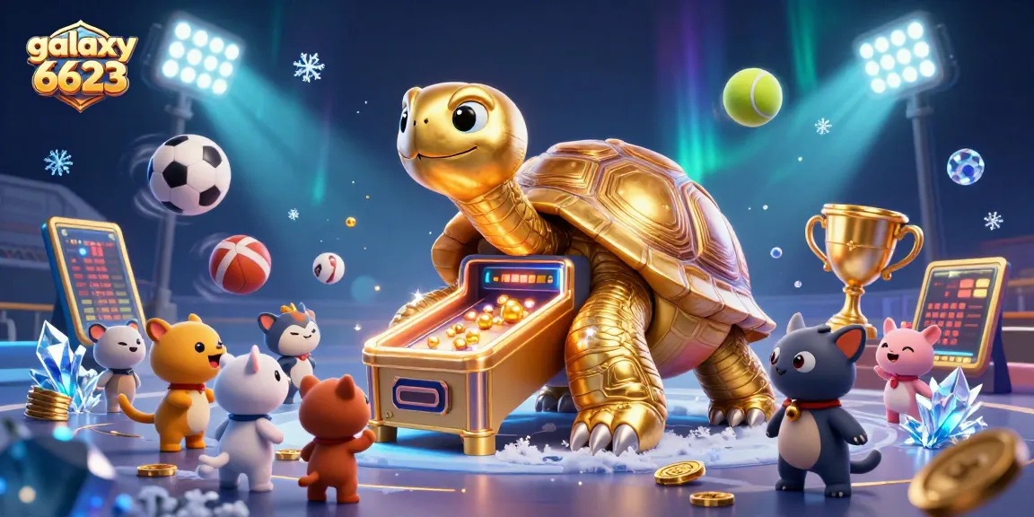 Engage with galaxy 6623's thrilling games featuring a colossal tortoise pinball machine in a vibrant casino scene.