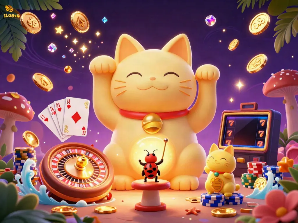 Engage with the vibrant lc88 gaming universe featuring a golden lucky cat and dynamic casino symbols.